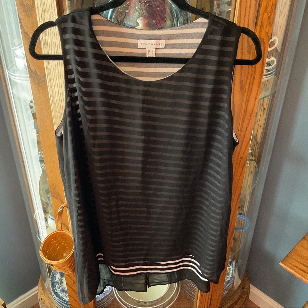 Susan Graver Black White Striped Sleeveless Layered Tank Large